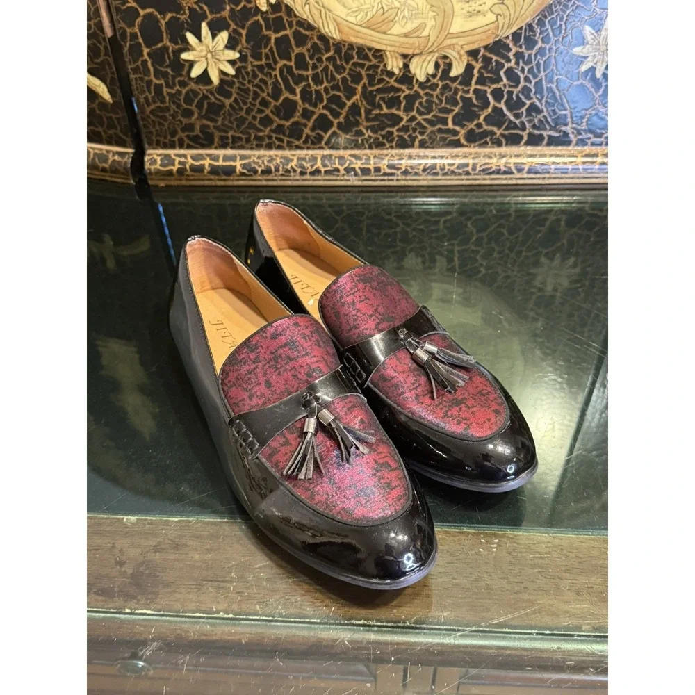 Jitai Mens 9 Black Red Shiny Faux Patent Leather Slide On Tassel Loafer Shoes
